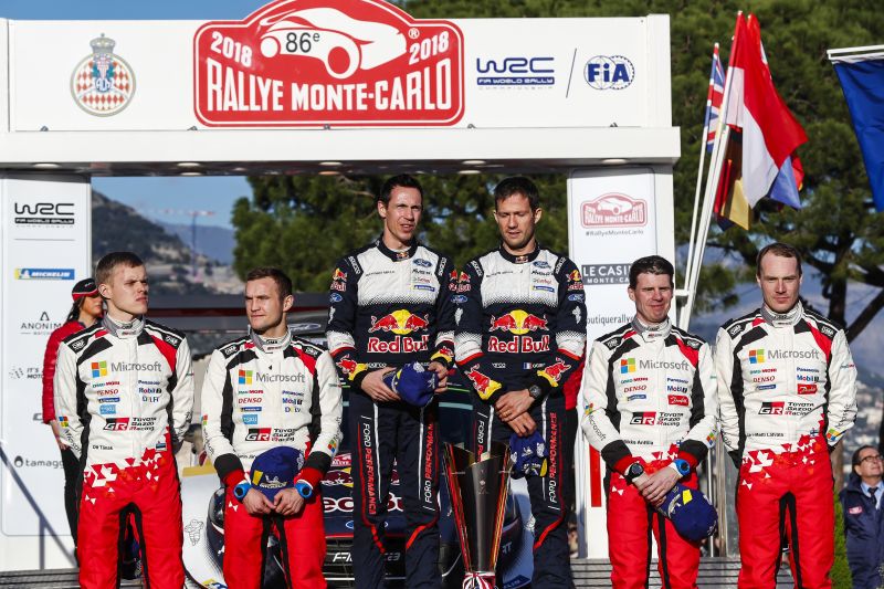 Podium Rajd Monte Carlo 2018 Ott Tanak, Sebastien Ogier i Jari-Matti Latvala na podium Rajdu Monte Carlo 2018